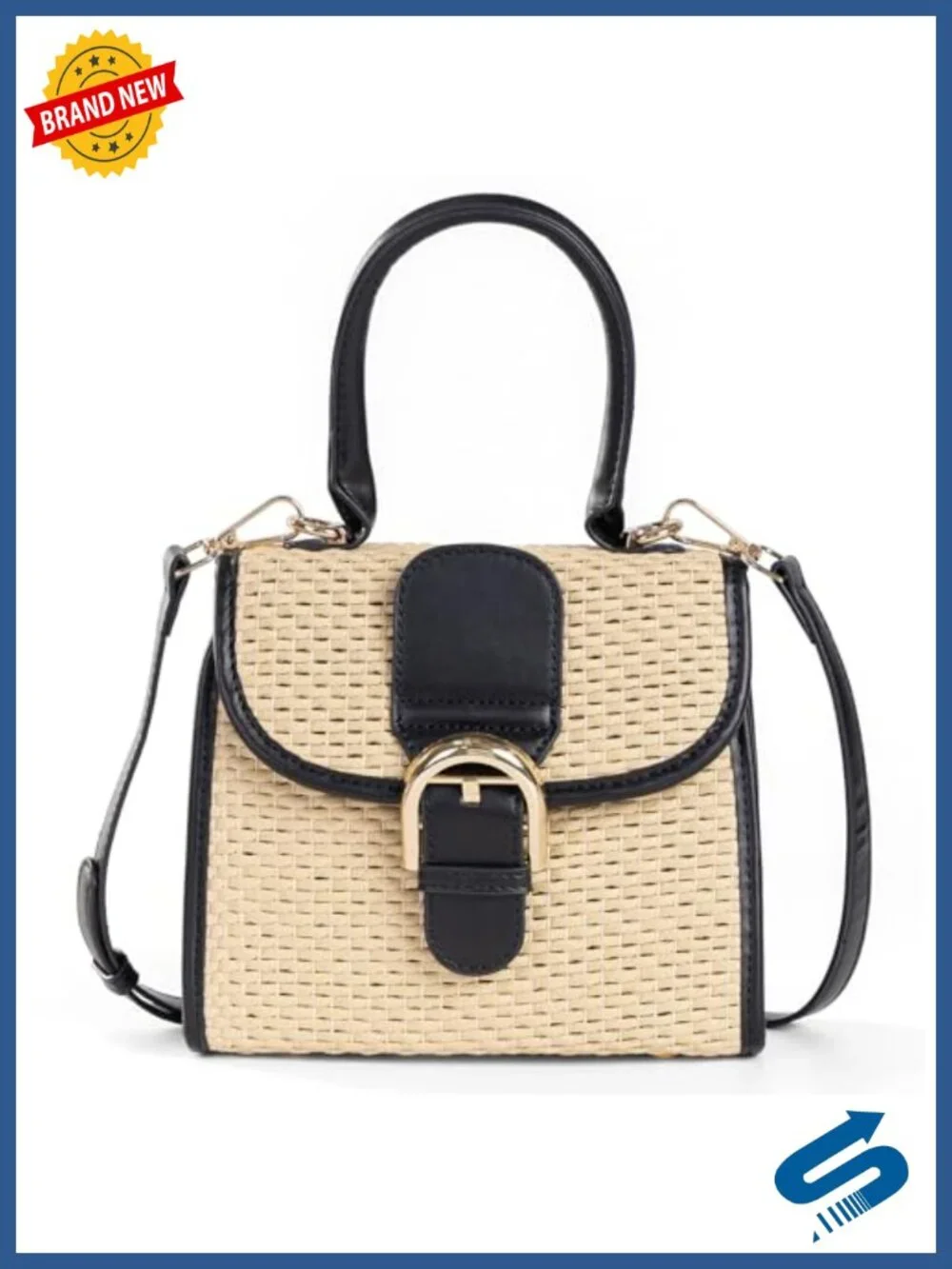 Straw Woven Cross Body Satchel Handbag with PU Leather Trim